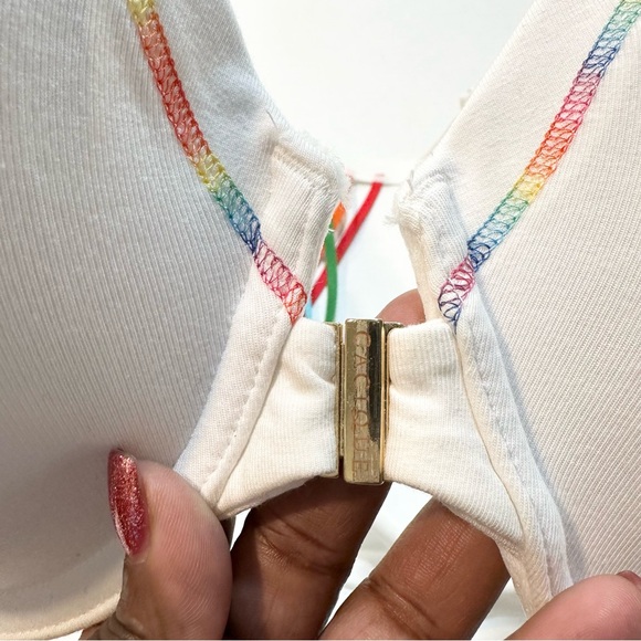 Cacique White Cotton T-Shirt Bra Rainbow Pride Strappy Back Front Closure, 44D - Picture 5 of 11